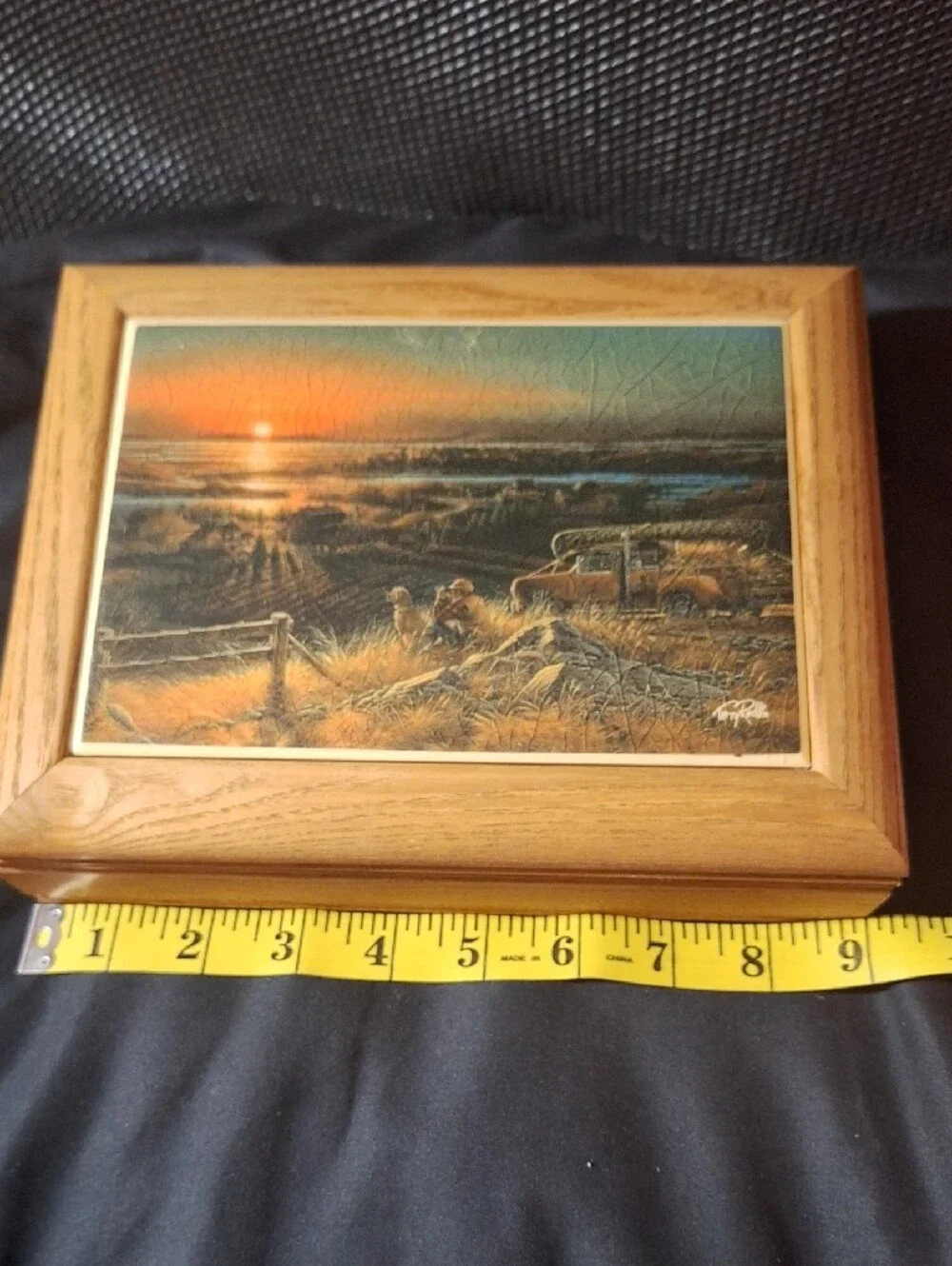 Vintage Sunset Coastal Landscape Wood Box with Red Velvet Lined